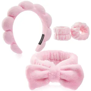 Spa Headband and Wristband Set for Women - Soft Durable Face Washing & Skincare Accessories with Bubble Bow Design