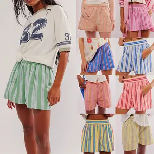 GGFL Women's Peach Striped Shorts, High Waist Elastic Waistband Flowy Casual Shorts with Pockets for Summer.Elegant Blush Pink Striped Shorts, Loose Fit Elastic Waist Beach Shorts for Daily, Vacation