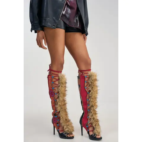 AZALEA WANG SHAINE BLACK MULTI GLADIATOR STITCH AND FUR SANDAL