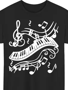 Men's Music Note & Piano Key T-Shirt - Black Musical Staff Print with Piano Keys, Treble Clef & Sheet Music Scales - Casual Round Neck Short Sleeve Top for Musicians, Music Teachers, Pianists - - Comfortable Wear