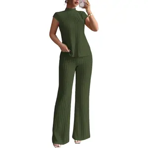 Ulovmi 2 Piece Sets Outfits for Women Summer Mock Neck Top Wide Leg Pants Ribbed Casual Lounge Set