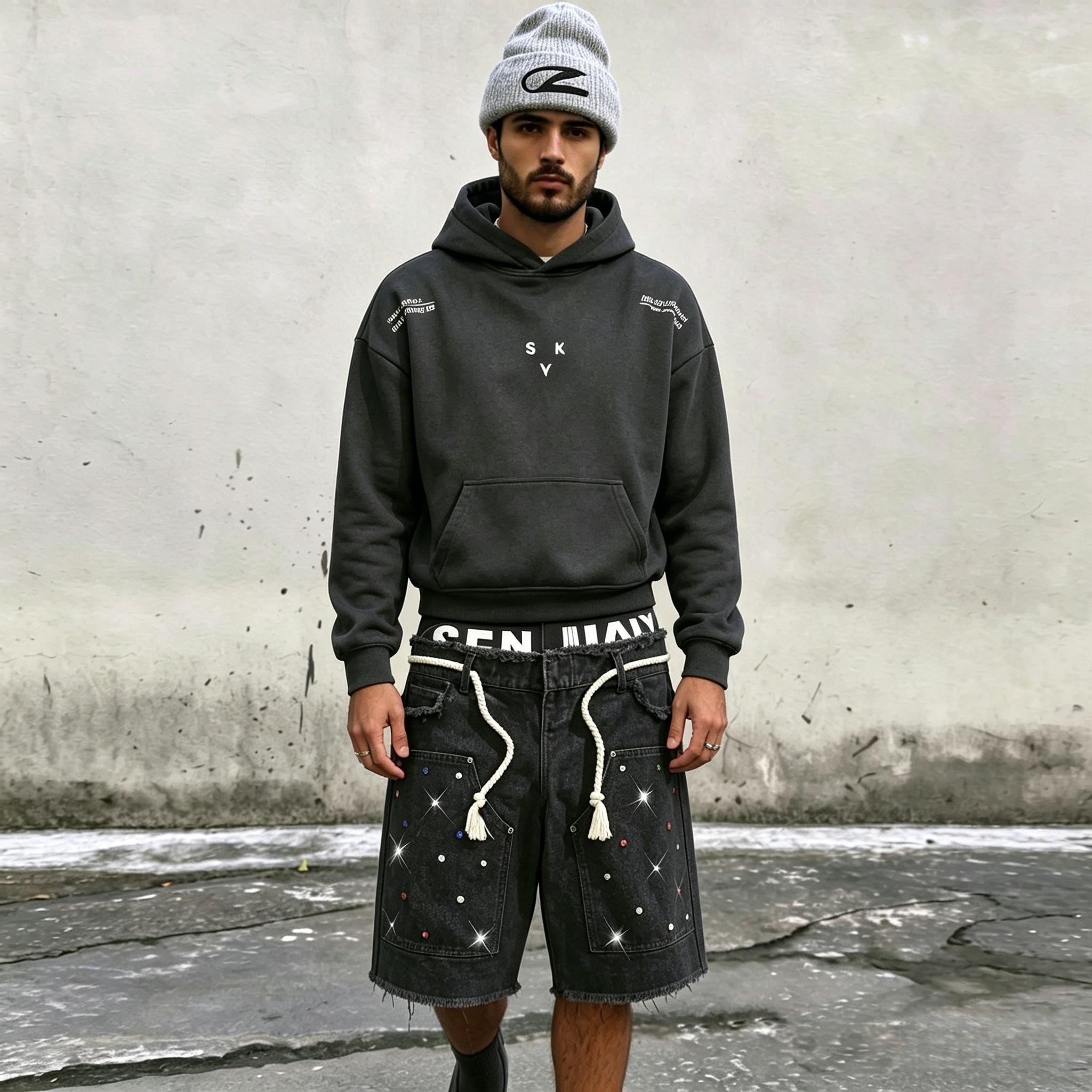 Men's Sparkling Rhinestone Casual Streetwear Shorts - Mid Waist, Loose Cut Lets You Move With Ease, Layered Denim Adds Depth and Texture, Stylish Cotton Blend Double-Layer Menswear Bottoms