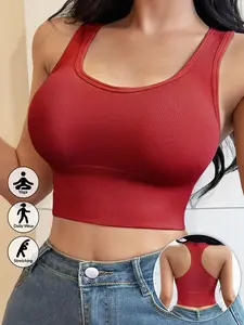 Women's Backless Sports Bra with Wide Straps, Medium Support for Gym and Daily Wear, Breathable Ribbed Fabric for All Seasons