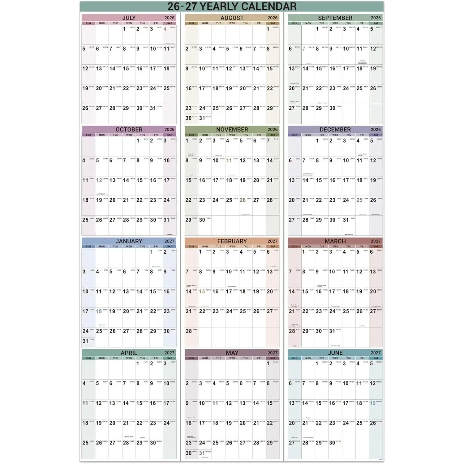 2026-2027 Yearly Wall Calendar - Jul. 2026 to Jun.2027, 34.4" x 22.8" (Open), Wall Calendar 2026-2027 with Round Sticks, Thick Paper, Vertical