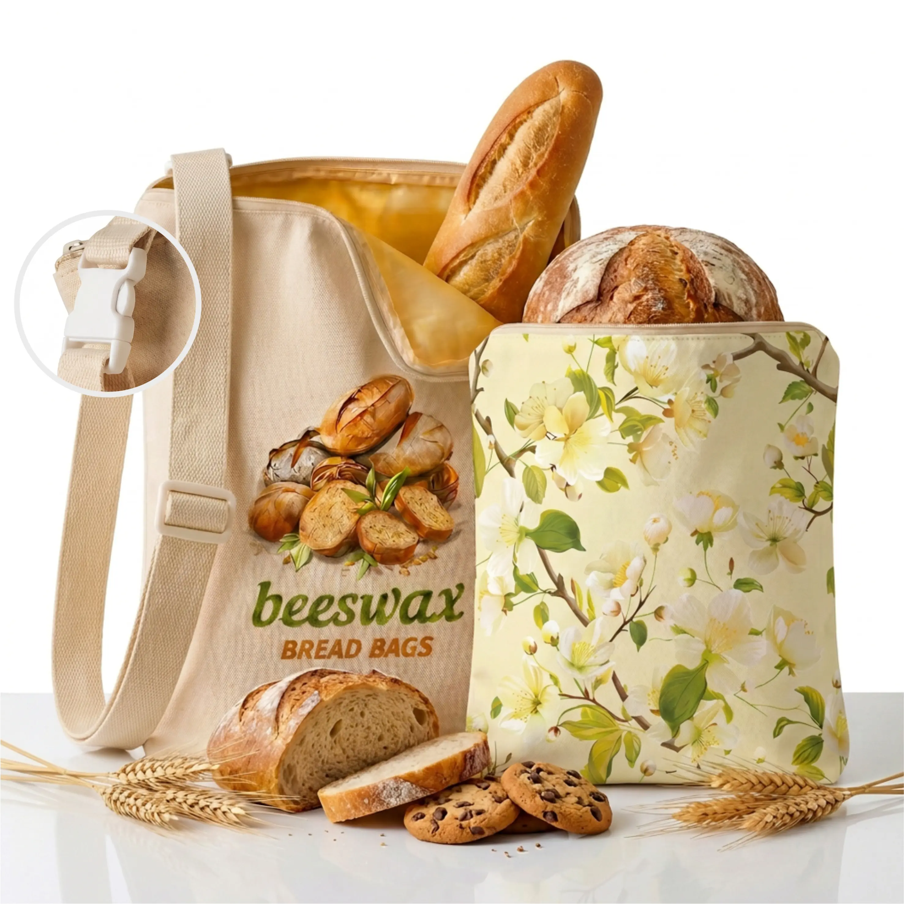 Beeswax Bread Bags for Sourdough - 2 Pack Organic Cotton Bags with Zipper and Shoulder Strap - Reusable Bags for Homemade Bread - Food-Storage Bags to Keep Fresh