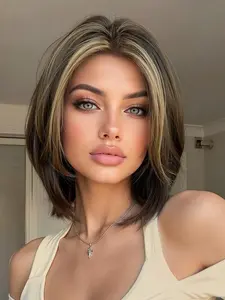 Women's Gradient Full Head Wig, Synthetic Fiber Wig, Straight Bob Wigs, Fashionable Shoulder-Length Short Hair, Perfect Holiday Gift for Friends & Family, Daily Party Use