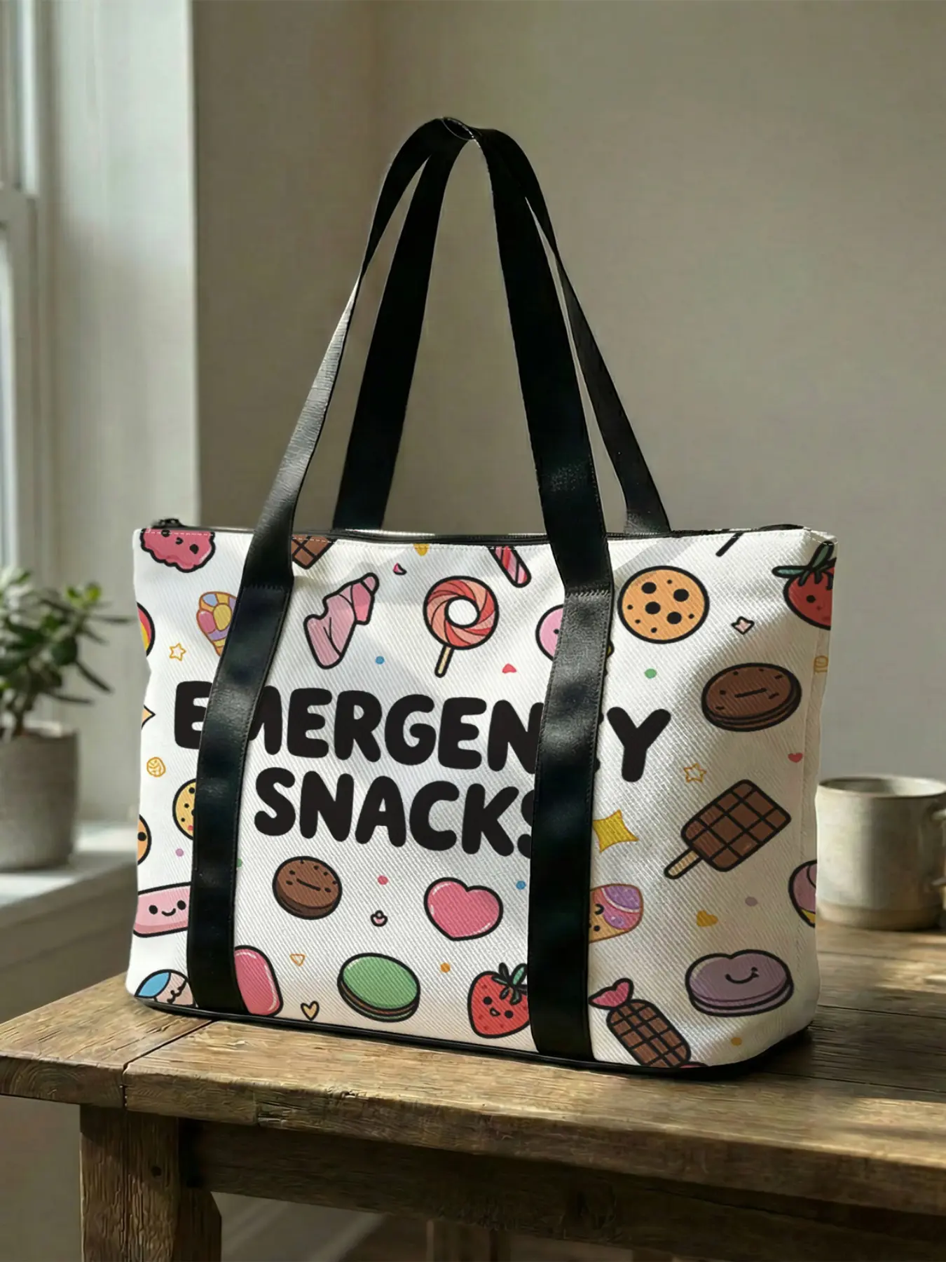 1 piece of Candy & Snack Printed Handbag, Large Capacity Travel Duffel Bag, Portable Overnight Bag, Stylish Travel Bag, Yoga Gym Bag, Sports Bags, Fitness Bag, Fitness Leisure Bag, Portable Crossbody Bag with Shoe Storage Compartment, Casual Sports Bag