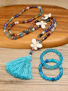 Bohemian Butterfly Pendant Tassel Long Necklace Bracelet Set, Colorful Faceted Crystal Beads, Blue Tassels & Stones Jewelry