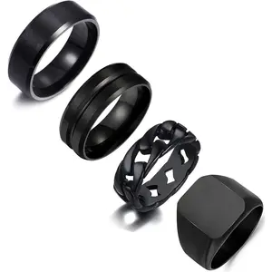 4Pcs Stainless Steel Black Signet Solid Biker Ring For Men Polished Matte Grooved Edges Cuban Link Band Rings Set Size 7-12 - Edged