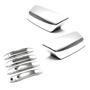 Triple Chrome Polished Stick-On Side Door Mirror+Handle Cover Overlay With 4 Smart buttons Compatible With 2014-2018 Silverado 1500 Sierra 1500