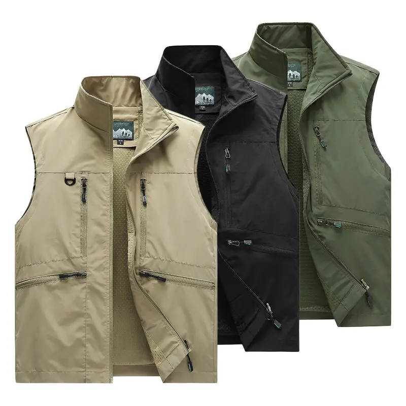 Men’s new multi-pocket vest — suitable for outdoor fishing, photography trips, and all-season workwear; autumn vest set; men’s vest/tank top; solid-color zip-up vest