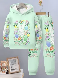 New Kids Easter Light Hooded Set, Egg Bunny Full Print Two-Piece, Casual Fitted Sweatpants for 5-14 Years, Spring & Fall