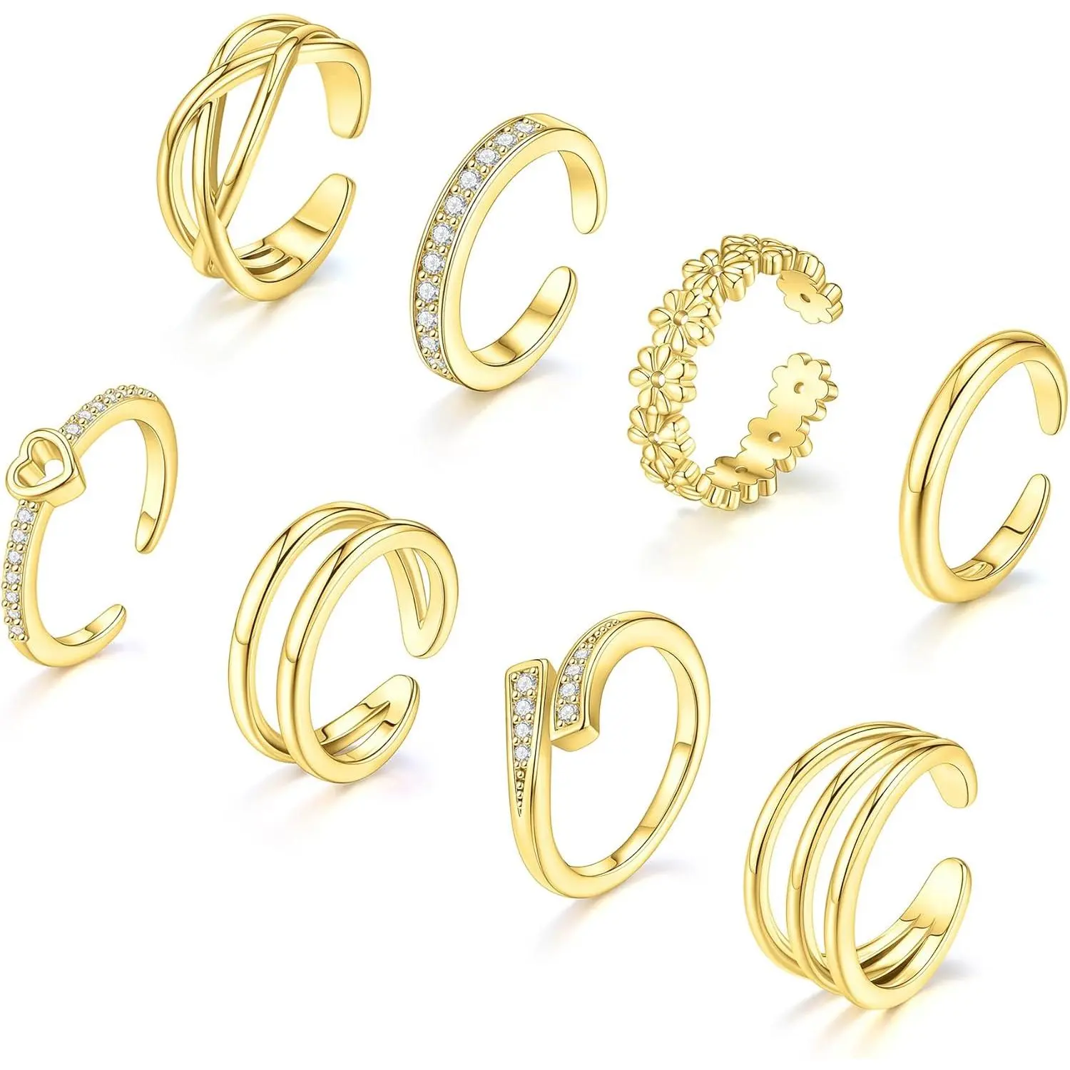 8-Piece Adjustable Toe Rings, Open Band Gold and Silver Tone Stackable Foot Jewelry for Beach Wear Body Jewellery Chic Body Jewelry