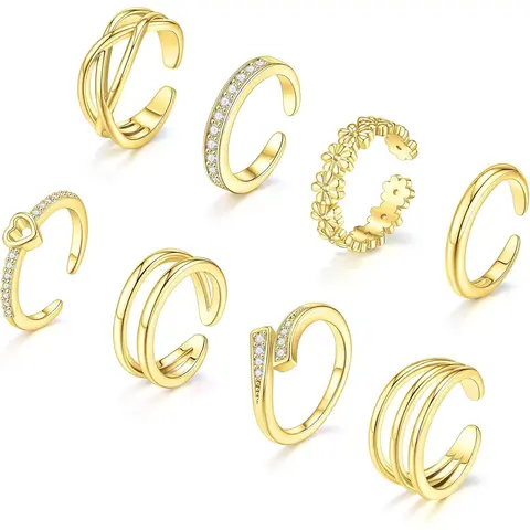 8 Pcs Adjustable Toe Rings for Women, Gold Silver Open Band Stackable Toe Ring Set, Summer Beach Foot Jewelry