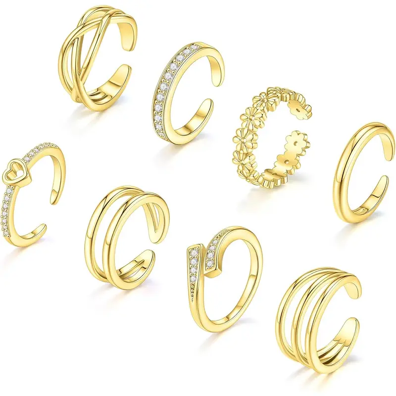 8 Pcs Adjustable Toe Rings for Women, Gold Silver Open Band Stackable Toe Ring Set, Summer Beach Foot Jewelry