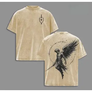 Sanctus Michael Archangelus x Flaming Sword x Shield x Scales of Justice Archangel Michael T-Shirt Washed Church Outfit Gym Pump Cover ,Christian Religious , Jesus Apparel Unisex 100% Cotton T-shirt