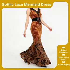 Gothic Lace Applique Gilding Flower Mesh Flocking Lace-up Velvet Patchwork Corset Sleeveless Mermaid Dress fall dress
