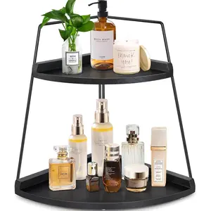 2 Tier Bathroom Counter Organizer, Wood Bathroom Organizer Countertop, Corner Storage Shelf Counter Standing Rack, Cosmetic Vanity Tray Kitchen Spice Rack, Bathroom Storage Decor