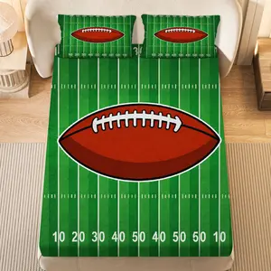 3Pcs Football Field Design Fitted Sheet Three Piece Set (1*Fitted Sheet+2*Pillowcases, Coreless), Sports theme, Green Football Bedding Set, Mattress protector Soft, Breathable