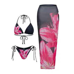 Women's Floral Print Halter Bikini Set, Casual Tie Back Contrast Mesh Swim Top & Tie Side Swim Bottom & Cover Up Skirt Set, Ladies Swimsuit for Beach Holiday Vacation, Floral Print Bikinis