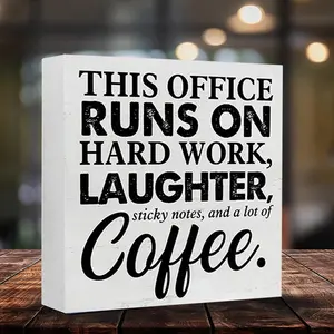 This Office Runs on Hard Work Casual Coffee Artwork Gifts for Lovers Home Decor PVC Sign, Decorative Office Desk Celebration Accessories Plaque Affirmations Table Sign for Cabinet Shelf, Home Decor Products