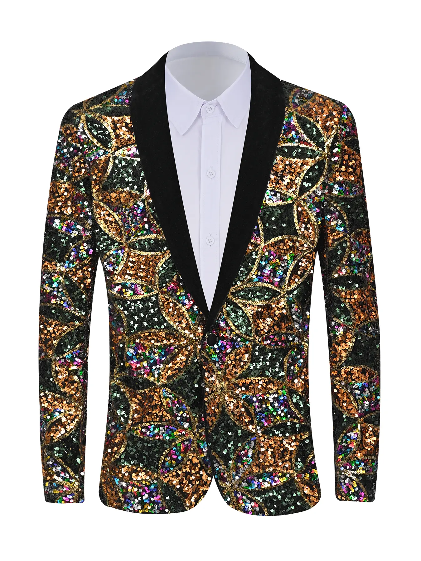 Men's Sequined Formal Blazer, Gold-Green Dual-Tone Long Sleeve V-Neck Jacket for Parties and Christmas Events, Christmas Gift, Formal Wear, Fabric Sequins