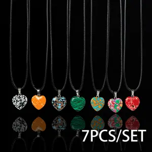 7Pcs Stylish Heart Pendant, Natural Gems Multi-color Chakra Heart Natural stone Crystal multi-color pendant necklace