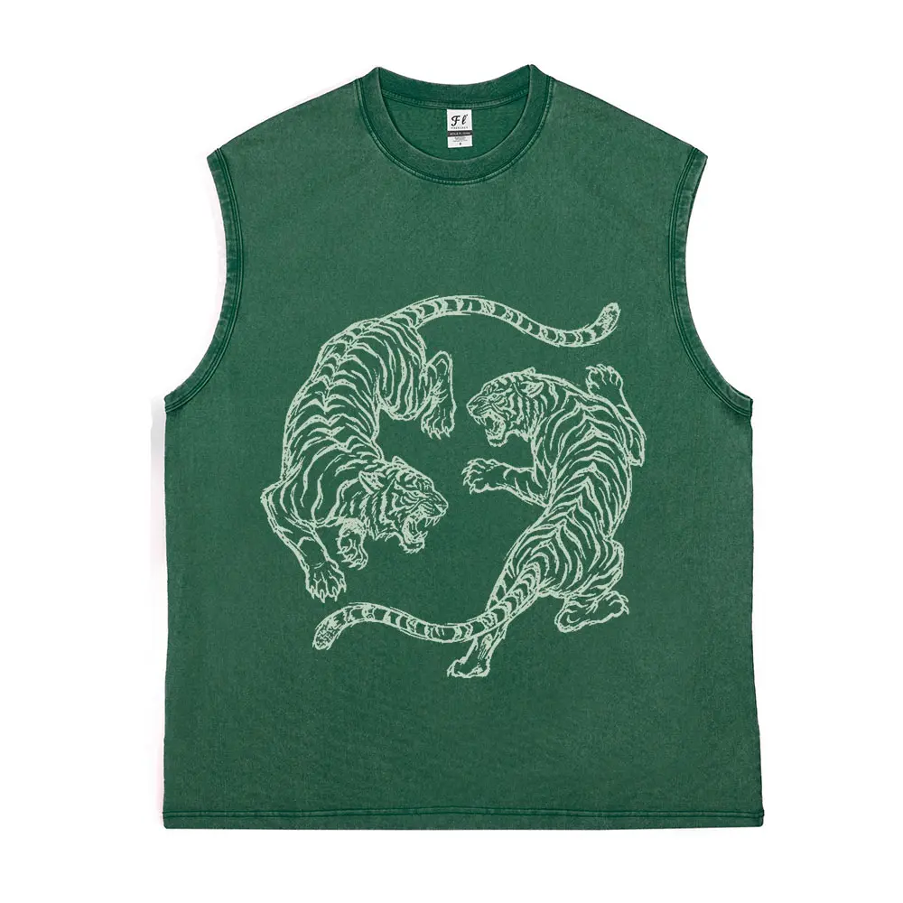 Japanese Fighting Tigers Washed Vest Vintage Tattoo Art Graphic Shirt Retro Tiger Lover Gift Unisex Top Loose Tropical