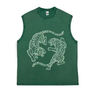 Japanese Fighting Tigers Washed Vest Vintage Tattoo Art Graphic Shirt Retro Tiger Lover Gift Unisex Top