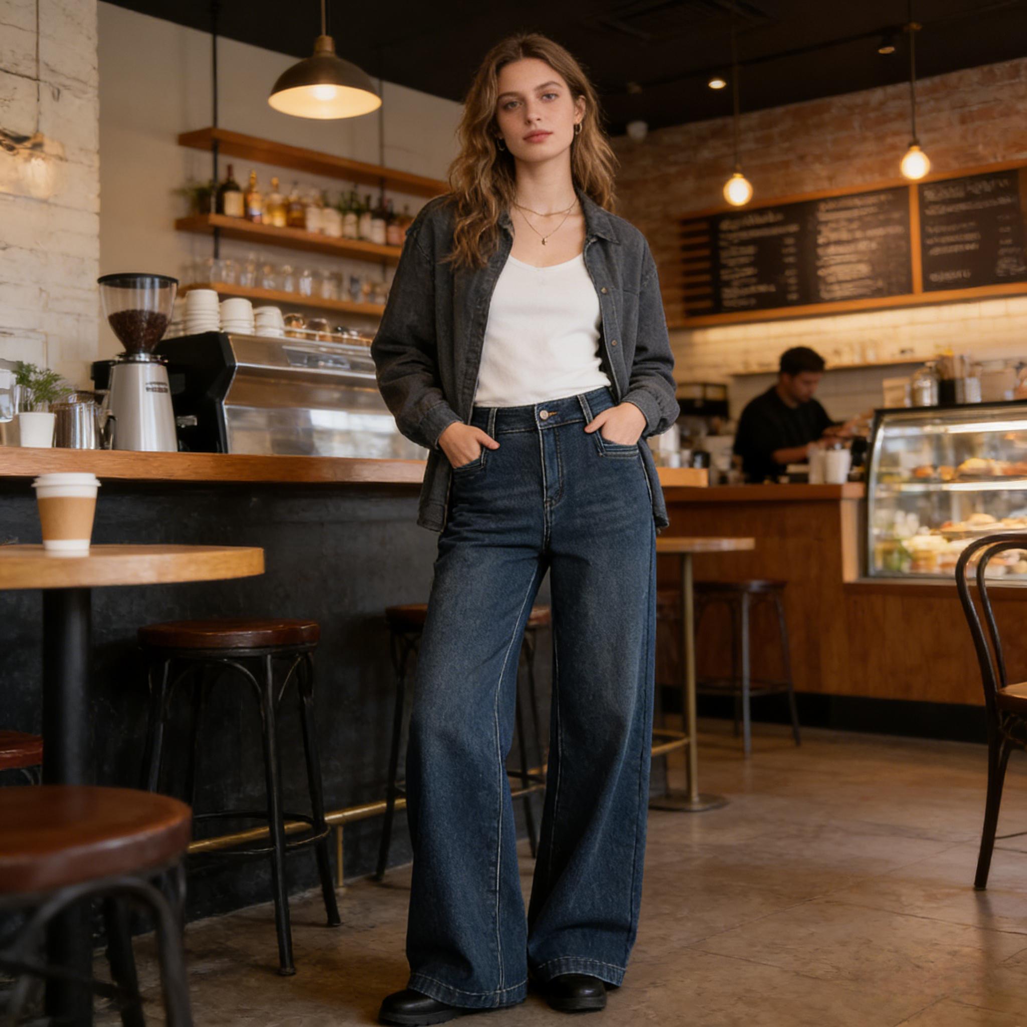 Vintage Dark Wash High Waisted Wide Leg Jeans for Women, Y2K Loose Fit Baggy Denim Pants, Stretchy Casual Streetwear Trousers, Classic Retro 90s Aesthetic Bottoms