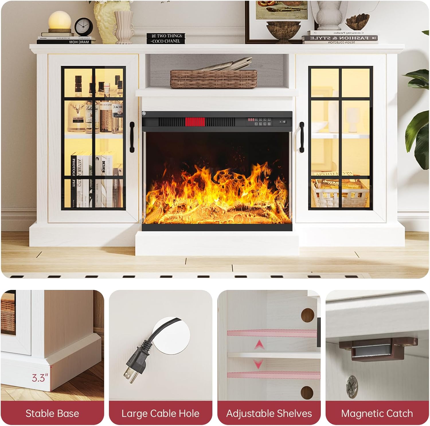 oneinmil 59/80" Fireplace TV Stand - 3-Sided Glass Media Entertainment Center Console, Furniture Living Room, Living Room Decor, for 65/85" TVs, Glass Door, Adjustable Flame LED Color