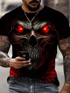 Men's 3D Skull Print Round Neck Fitted T-Shirt, Casual Summer Comfortable Top, Short Sleeve Geometric Design, Daily Gym Workout Running Wear, Menswear
