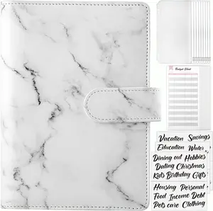 Marble Money Saving Binder, A6 Leather Budget Binder with Zipper Envelopes, 39 Larger Black Sticky Labels & 24 Budget Sheets, Money Organizer for Cash for Budgeting