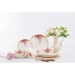 Vintage Floral Dinnerware Set for 4, 12-Piece Elegant Bone China Look Porcelain and Set with Gold Rim, Rose Pattern Dish Set for, Wedding and Housewarming Gift