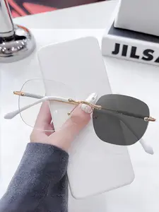 Unisex Metal Frameless Fashion Photochromic Flat Glasses, Stylish Color-Changing Eyewear for Men and Women, Universal Fit Rimless Sunglasses