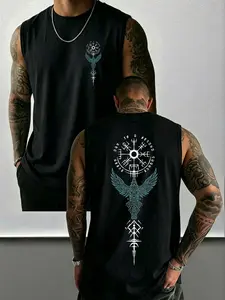 Summer Men's Sleeveless Vest, Viking Compass and Crow Graphic Print, Casual Fitted H-Type, Ideal for Daily Wear and Sports