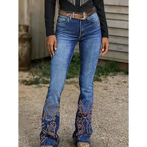 Women's Designer Denim Tapered Pants - Classic Tapered Cut Bottoms, Striking Orange Leg Opening Prints, Metal Accents for Bold Western Style, Unique Back Pocket Stitching, Sports & Outdoor Clothes