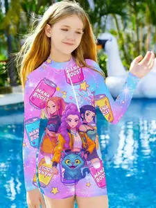 Girls' Kpop Demon Hunters Mana Boost Swimwear, Long Sleeve Sun Protection One-Piece Surf Suit, Beach Pool Two-Use Swimsuit, Swim Bodysuit