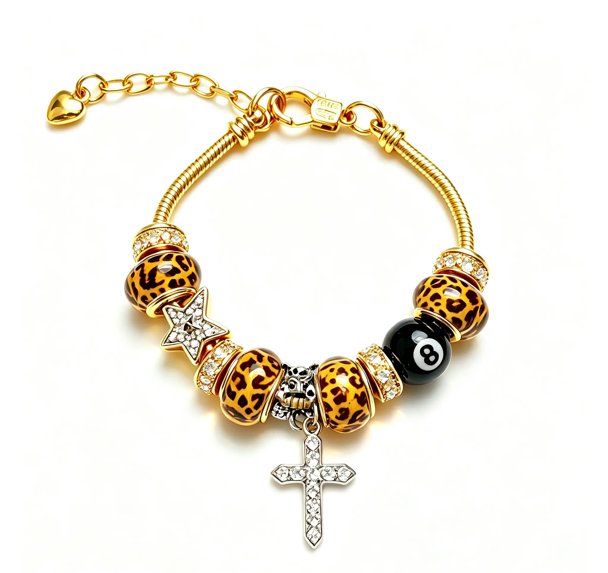 Wild & Holy Leopard Charm Bracelet: 8-Ball, Cross & Star Gold Snake Chain Bangle - Bold Statement Jewelry for Her