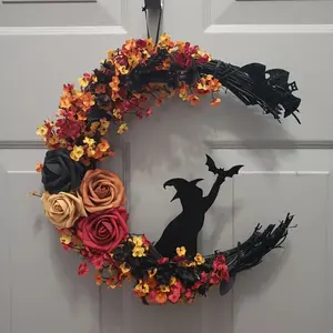 1PCS, 14 inches/35 cm, Witch Cat Moon Garland, Halloween Garland, Autumn Wall Decoration, Bat Garland, Spooky Gift, Witch Cat Garland, Gothic Door Decoration, Thanksgiving Garland, Harvest Festival Garland