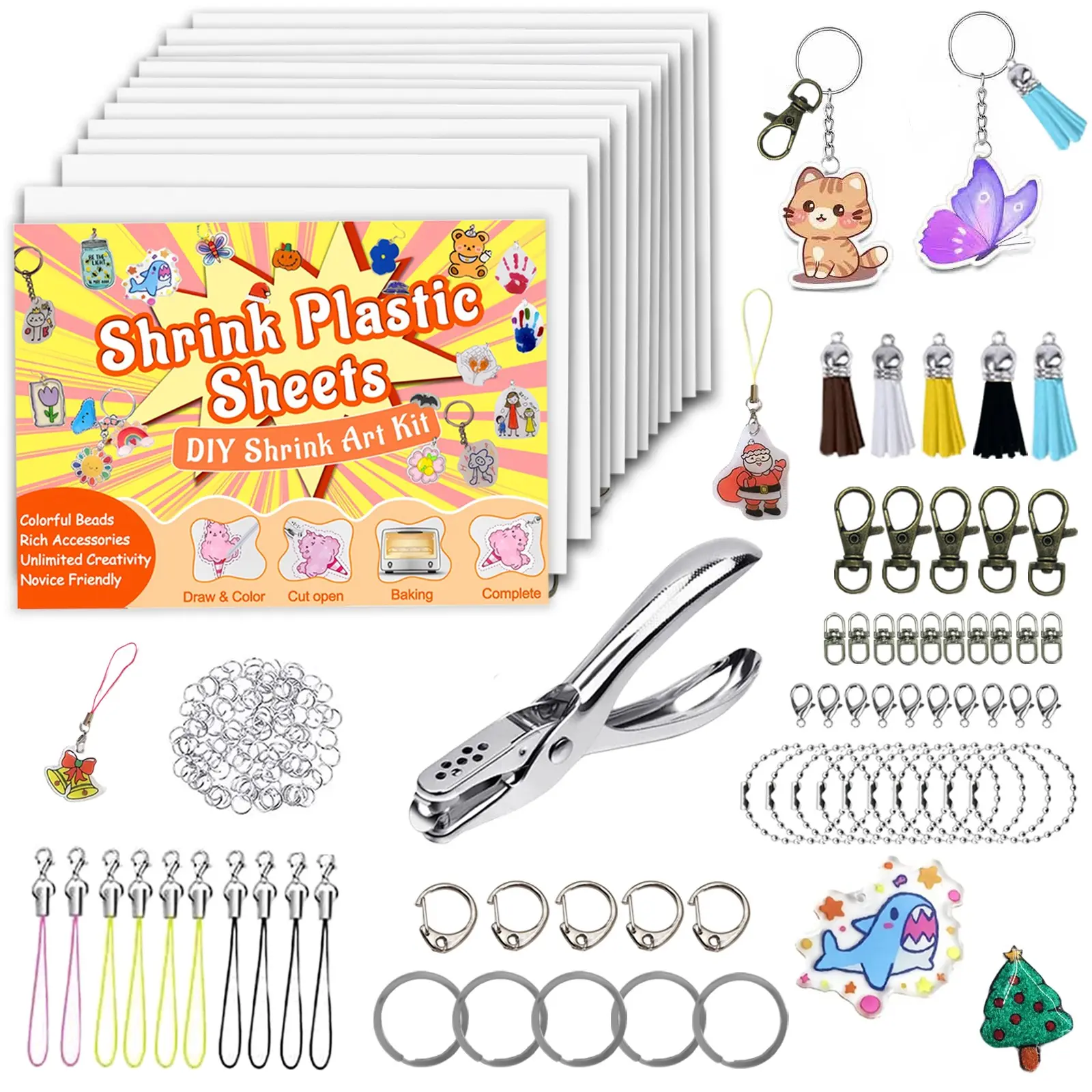 203PCS Shrinky Dink Keychain Kit with 12PCS Heat Shrink Plastic Sheets, Rich Accessories Including Hole Punch, Tassels, Lobster Clasps, Jump Rings & Key Rings, Versatile DIY Crafts for Kids Teens, Handmade Ornaments & Handprint Keychains, Keychain Set