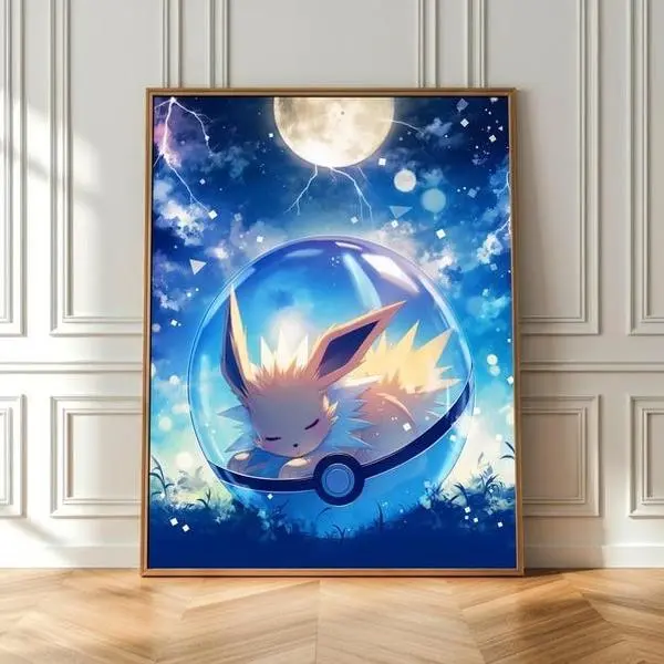 Jolteon Sleeping Poster, Japanese Style Legendary Pokeball Anime Art, Unframed Wall Art, Home Decor, Bedroom Display
