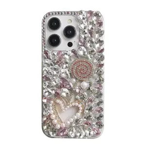 Luxury Bling Rhinestone Smartphone Case, Handheld Durable Handmade Protective Casing with Silicone Beads, Full-Diamond Lollipop+Pearl Heart (Without String), Detachable Lanyard-Compatible for 13-17 Pro Max Devices