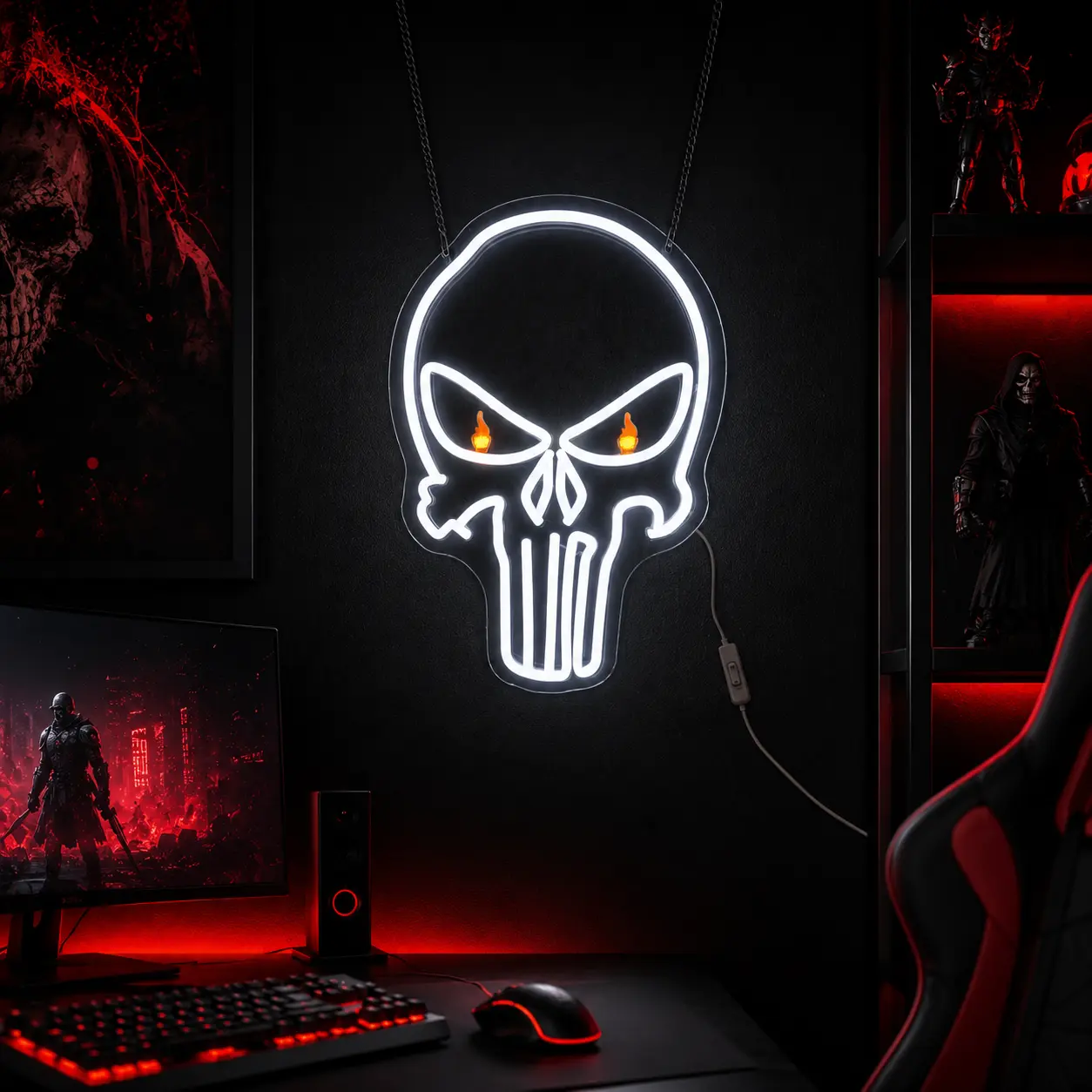 Dark Flame Skull Neon Sign - Gothic White LED Skull Wall Light with Orange Fire Eye Effect, USB-Powered Acrylic Mood Lighting, Party Ideas Decor for Gaming Room, Bar, Cool Gift for Men