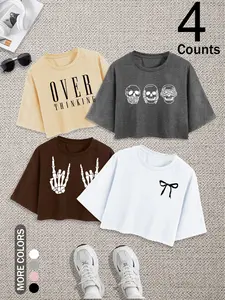 Women's Casual Basic Round Neck Short Sleeve Top Set, Soft Comfortable Fabric, Perfect for Outdoor Shopping Summer Wear