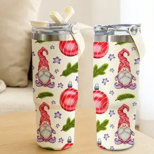30oz Stainless Steel Insulated Tumbler with Lid and Straw, Christmas Gnome and Ornament Print, Double Wall Thermal Mug, Keep Hot 12H Cold 24H, Cute Holiday Drinkware, Xmas Gift for Family and Friends, Thermo Tumbler
