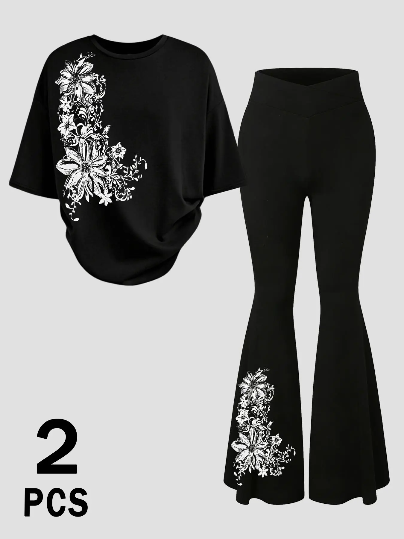 Y2K Floral Print 2-Piece Set | Oversized Black Tee & Flare Pants | Coquette Aesthetic Matching Outfit for Streetwear & Daily Look | Trendy Grunge Co-ord Set