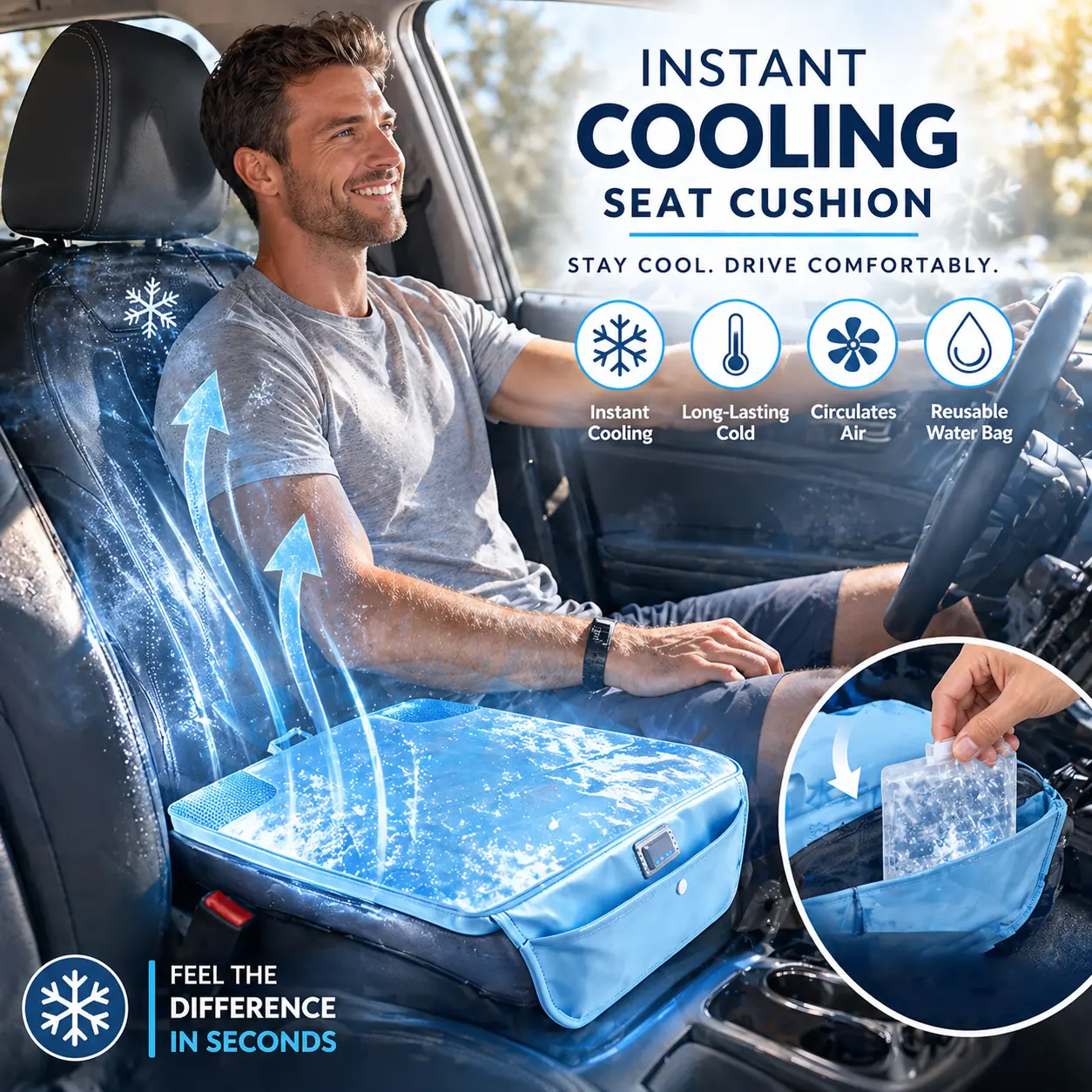 Car Ventilation Cooling Seat Cushion Features Intelligent Temperature Heat Dissipation Ice Sensation Breathability,Water Phase Change Technology，Perfect for prolonged driving in summer.