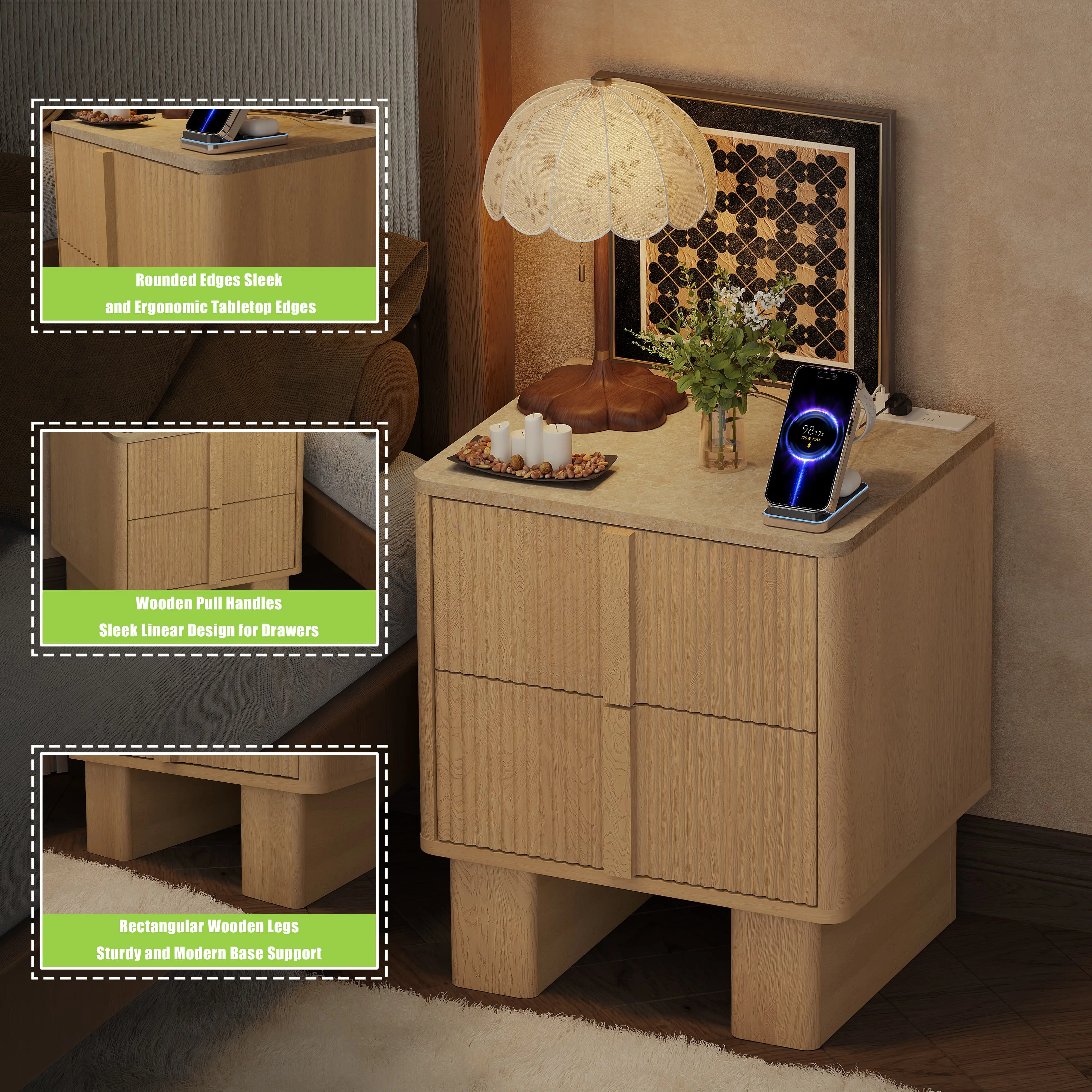 [Summerwins] [SummerFinds] Modern Fluted Nightstand Set of 2 with Charging Station, 22" Tall Whitewashed Oak End Tables with 2 Spacious Drawers & Reinforced Wide Legs, Bedside Storage for Bedroom & Living Room