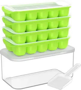 Ice Cube Tray with Lid and Bin 4 Pack Stackable Silicone Trays for Freezer Easy Pop Out BPA Free Green Ideal for RV Kitchen Cocktail Coffee Soup Food